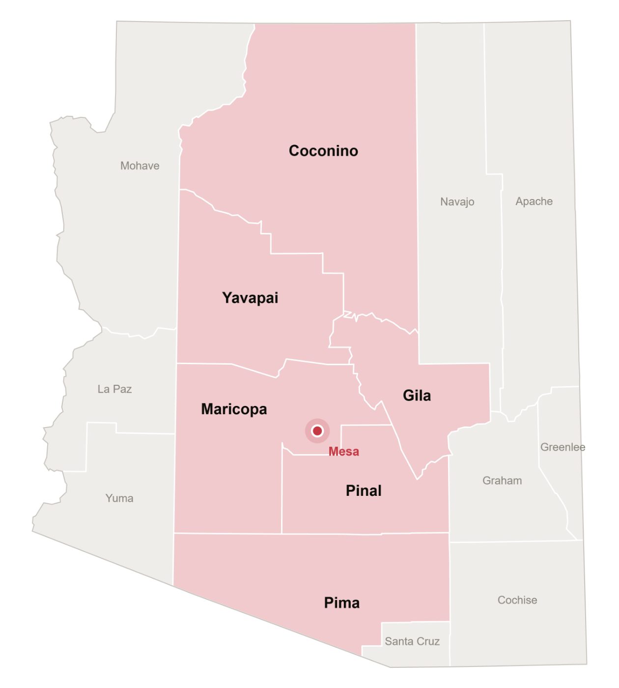 Map of Arizona highlighting the service area counties: Coconino, Yavapai, Maricopa, Gila, Pinal and Pima, with Mesa marked